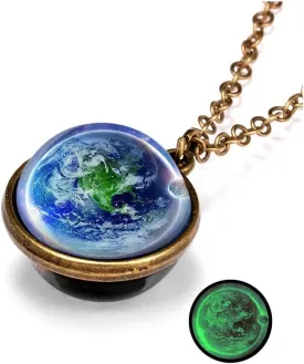 Galaxy Planet Pendant Necklace Glow in Dark Double Side Glass Crystal Ball Moon Earth Astronomy Universe Necklace Luminios Gemstone Necklace for Women Men Friends Gift