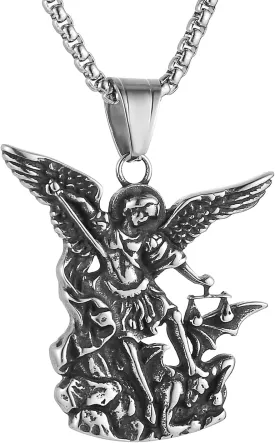 HZMAN Saint Michael the Archangel Necklace for Men Stainless Steel Retro Exorcism Protection Pendant Necklace Jewelry Gift