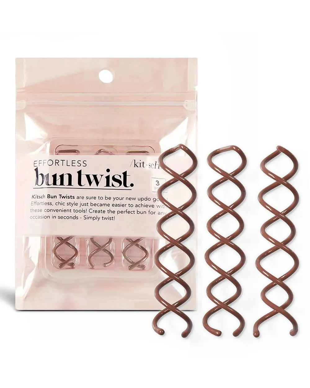 Kitsch Spiral Bobby Pins for Girls and Women - Hair Bun Maker | Rounded Tips, Chip-Resistant Bun Twist Spiral Hair Pins | Secure Hold All-Day - 3Pcs, Brown