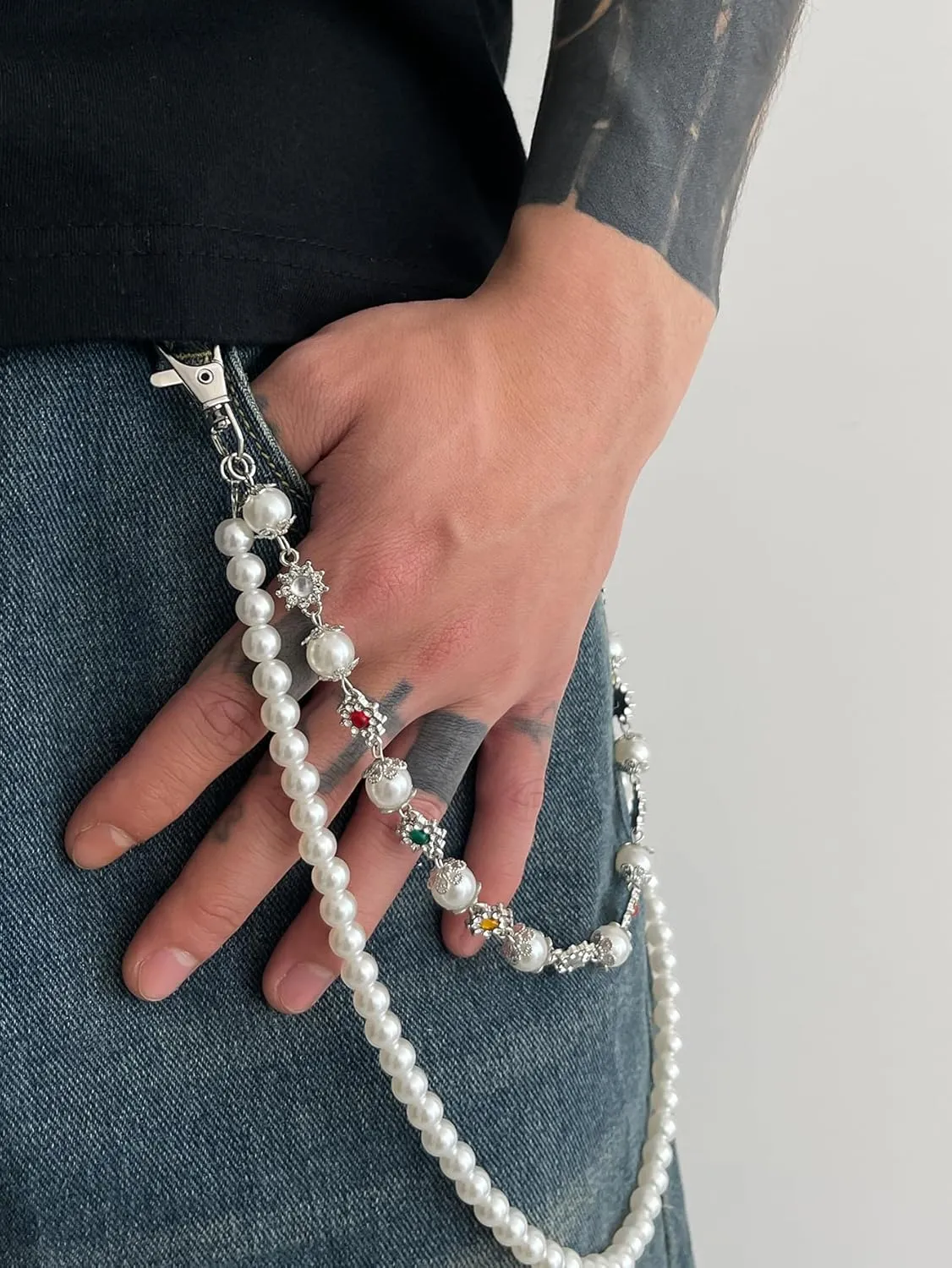 Layered Pants Wallet Chain for Men Women Trendy Vintage Flower Pearl Rhinestone Wallet Chain Dainty Fashion Street Jeans Punk Keychain Jewelry Clothing Accessories