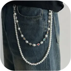 Layered Pants Wallet Chain for Men Women Trendy Vintage Flower Pearl Rhinestone Wallet Chain Dainty Fashion Street Jeans Punk Keychain Jewelry Clothing Accessories