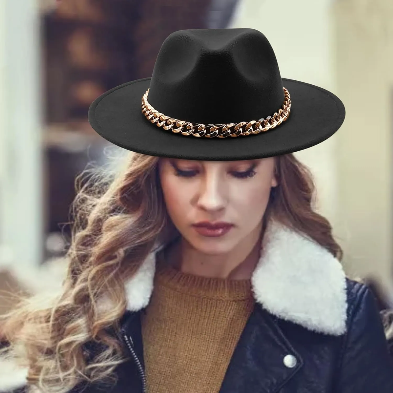 Men Womens Fedora Hat Western Floppy Panama Hat Wide Brim Hat with Chain Belt Buckle Big Wide Brim Fedora Hat