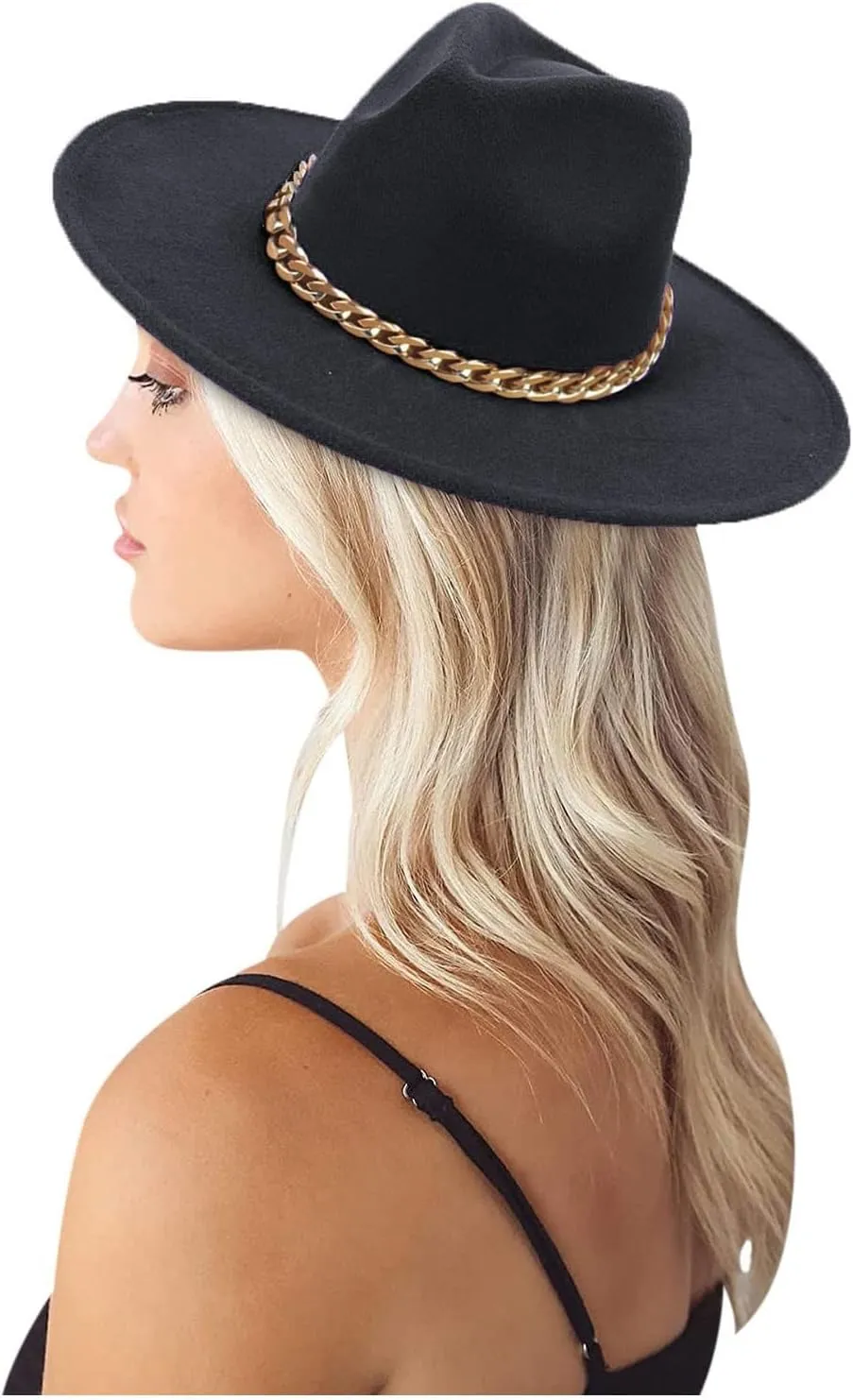 Men Womens Fedora Hat Western Floppy Panama Hat Wide Brim Hat with Chain Belt Buckle Big Wide Brim Fedora Hat