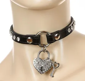 Patent Leather -O- Ring Choker With Rhinestone/Silver Heart Lock