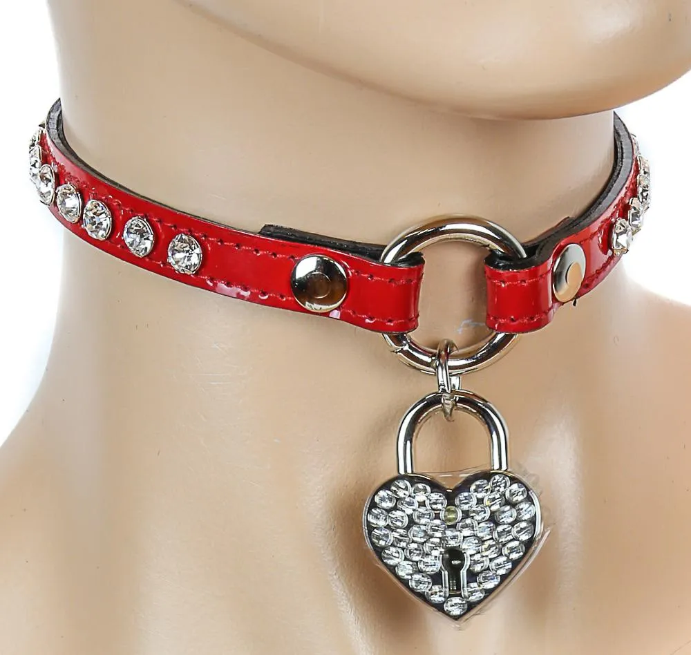 Patent Leather -O- Ring Choker With Rhinestone/Silver Heart Lock