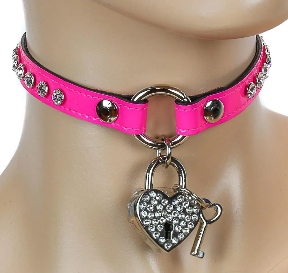 Patent Leather -O- Ring Choker With Rhinestone/Silver Heart Lock