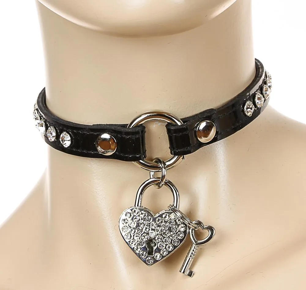 Patent Leather -O- Ring Choker With Rhinestone/Silver Heart Lock