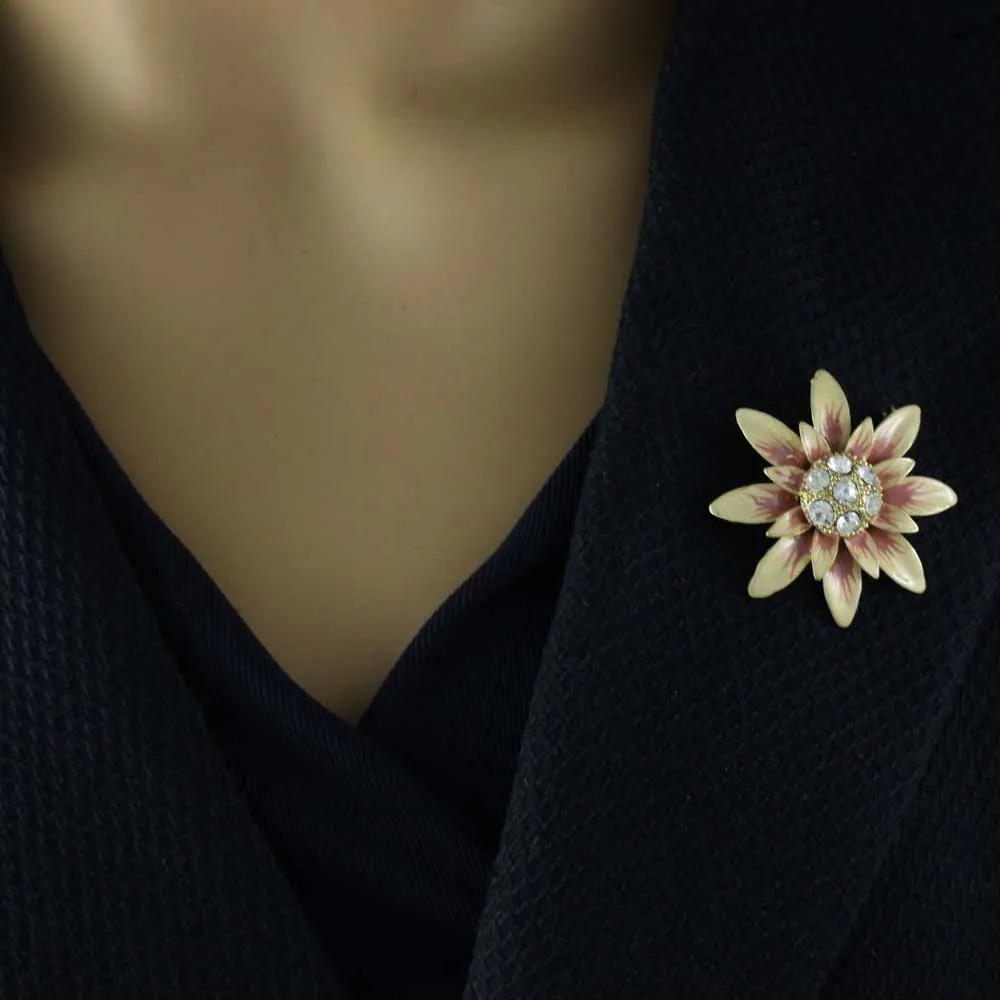 Peach Enamel with Clear Crystals Flower Brooch Pin - PRL910