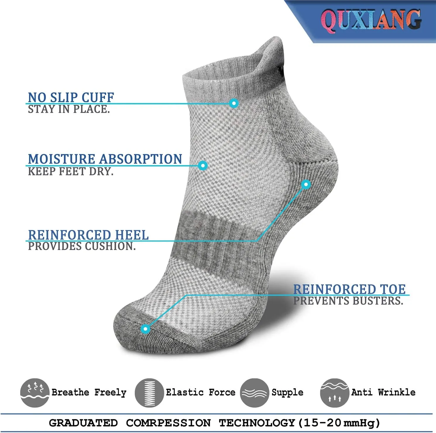 QUXIANG Compression Socks for Women & Men Circulation 3/6/7 Pairs Arch Ankle Support 15-20 mmHg Best for Running Cycling