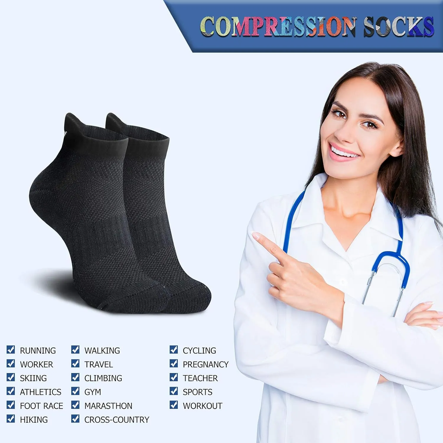 QUXIANG Compression Socks for Women & Men Circulation 3/6/7 Pairs Arch Ankle Support 15-20 mmHg Best for Running Cycling