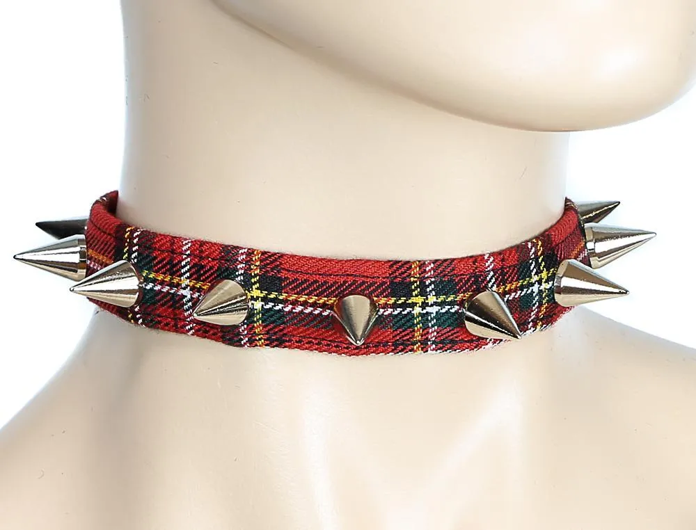 Red Plaid Choker WithSmall Cone Spikes