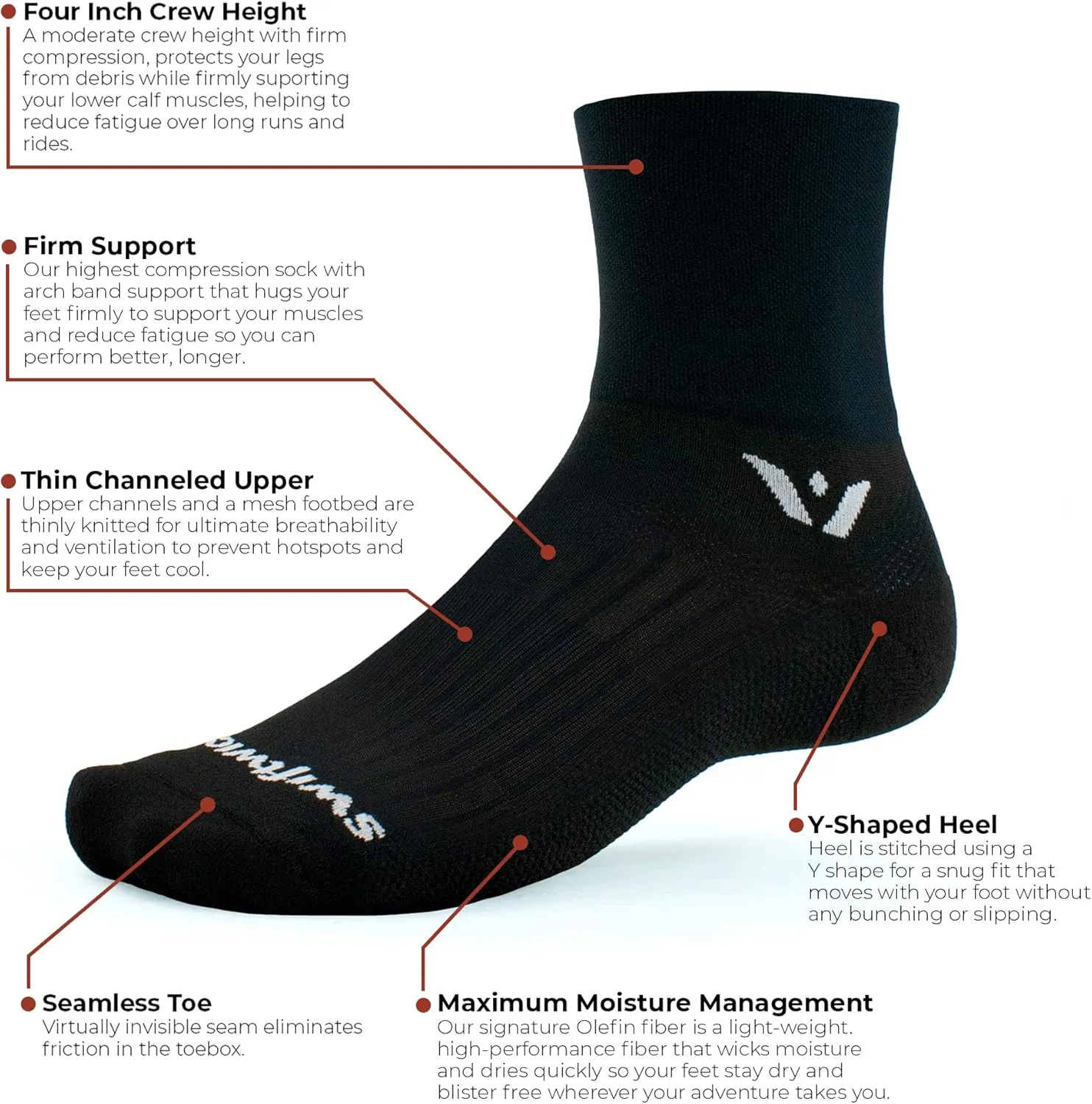 Swiftwick ASPIRE FOUR Trail Running, Cycling Crew Socks, Firm Compression Fit