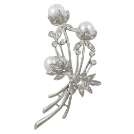 White Pearls with Clear Crystals Flower Buds Brooch Pin - PRP040