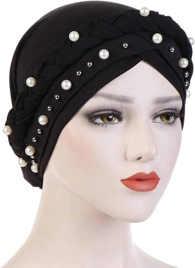 Women Hijab Beading Pearl Braid Turban Hat Head Scarf Cancer Chemo Beanies Bandana Headwrap Cap