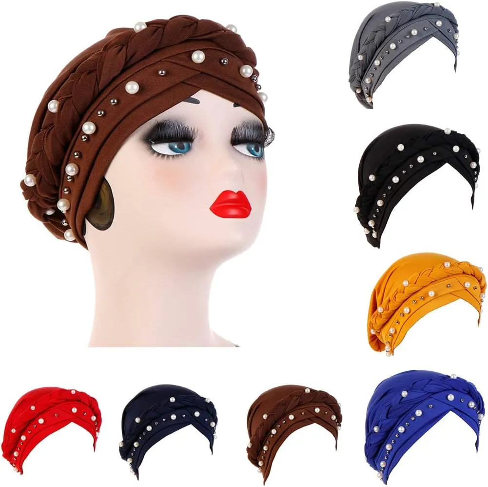 Women Hijab Beading Pearl Braid Turban Hat Head Scarf Cancer Chemo Beanies Bandana Headwrap Cap