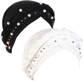 Women Hijab Beading Pearl Braid Turban Hat Head Scarf Cancer Chemo Beanies Bandana Headwrap Cap