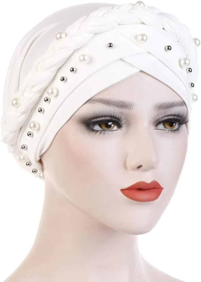 Women Hijab Beading Pearl Braid Turban Hat Head Scarf Cancer Chemo Beanies Bandana Headwrap Cap