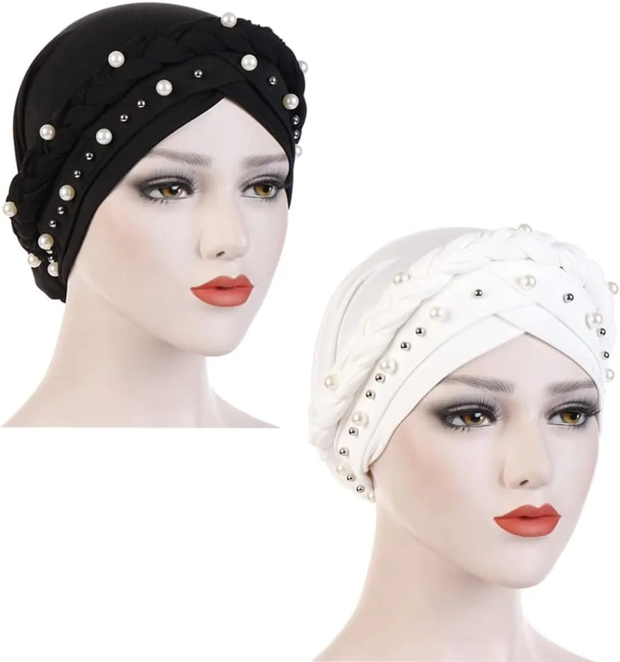Women Hijab Beading Pearl Braid Turban Hat Head Scarf Cancer Chemo Beanies Bandana Headwrap Cap