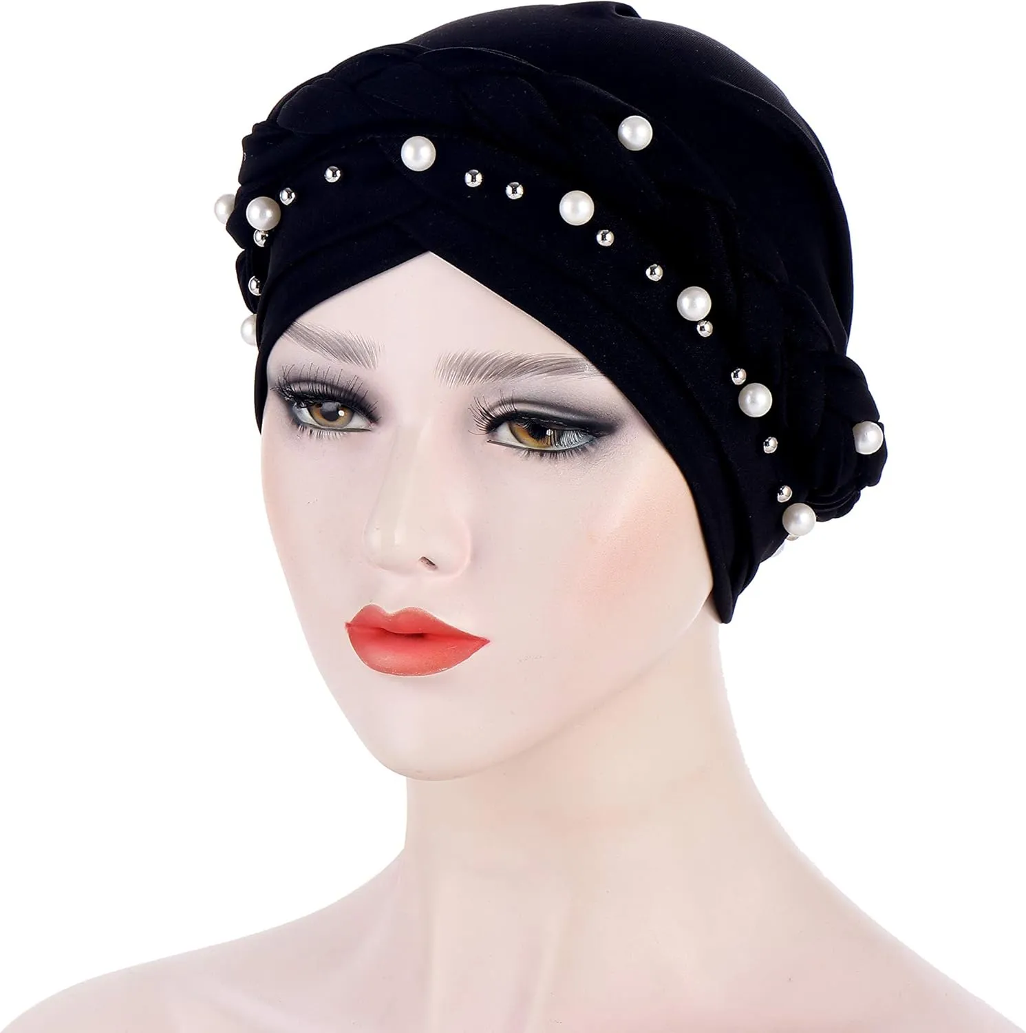 Women Hijab Beading Pearl Braid Turban Hat Head Scarf Cancer Chemo Beanies Bandana Headwrap Cap