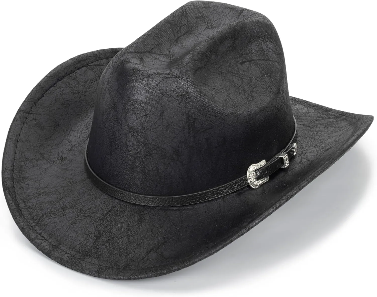 Women-Men Classic-Western Cowboy-Hat - Wide-Brim Pu Leather Cowgirl Cap Fedora Hats with Buckle Outback for Outdoor (22")