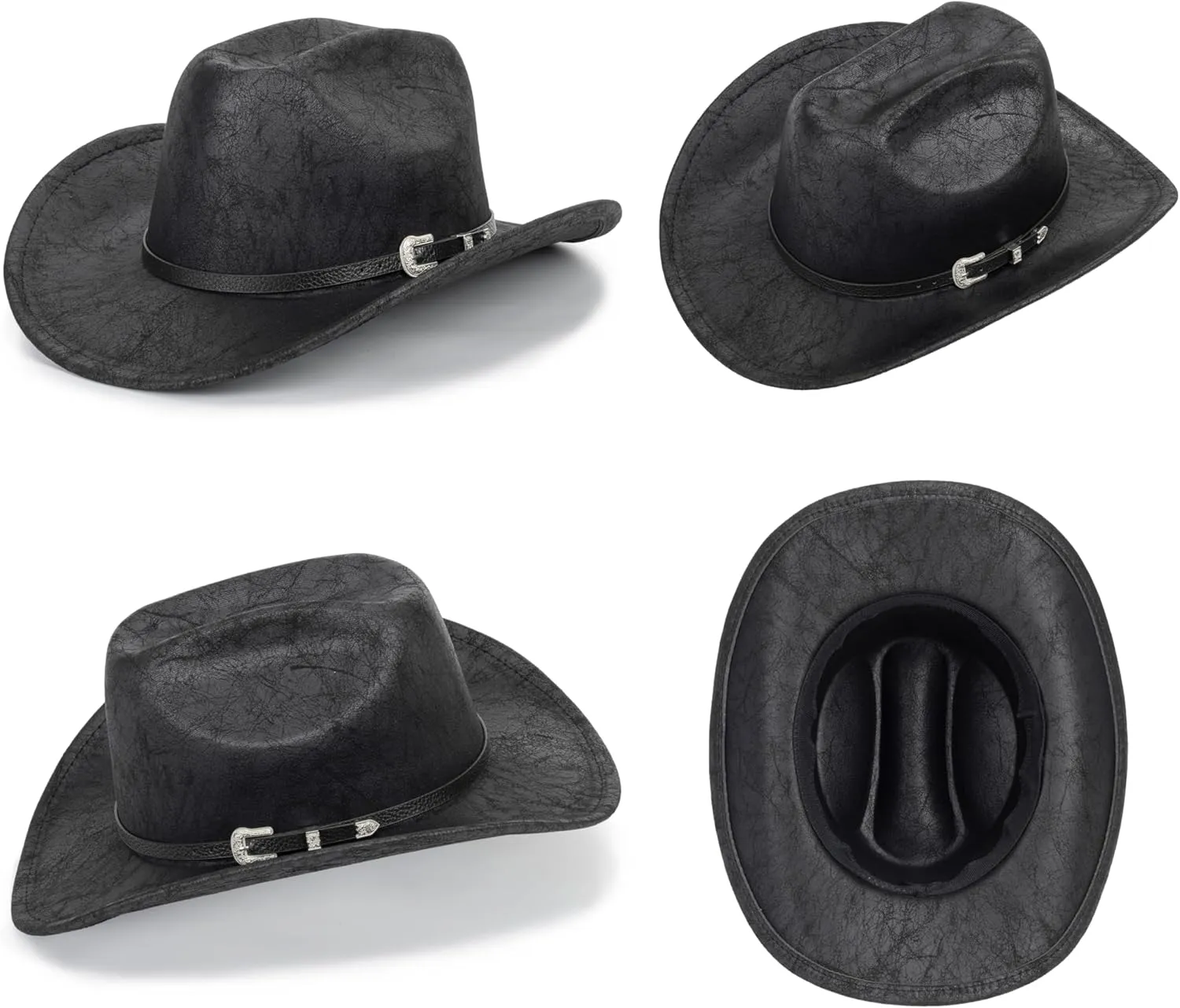 Women-Men Classic-Western Cowboy-Hat - Wide-Brim Pu Leather Cowgirl Cap Fedora Hats with Buckle Outback for Outdoor (22")