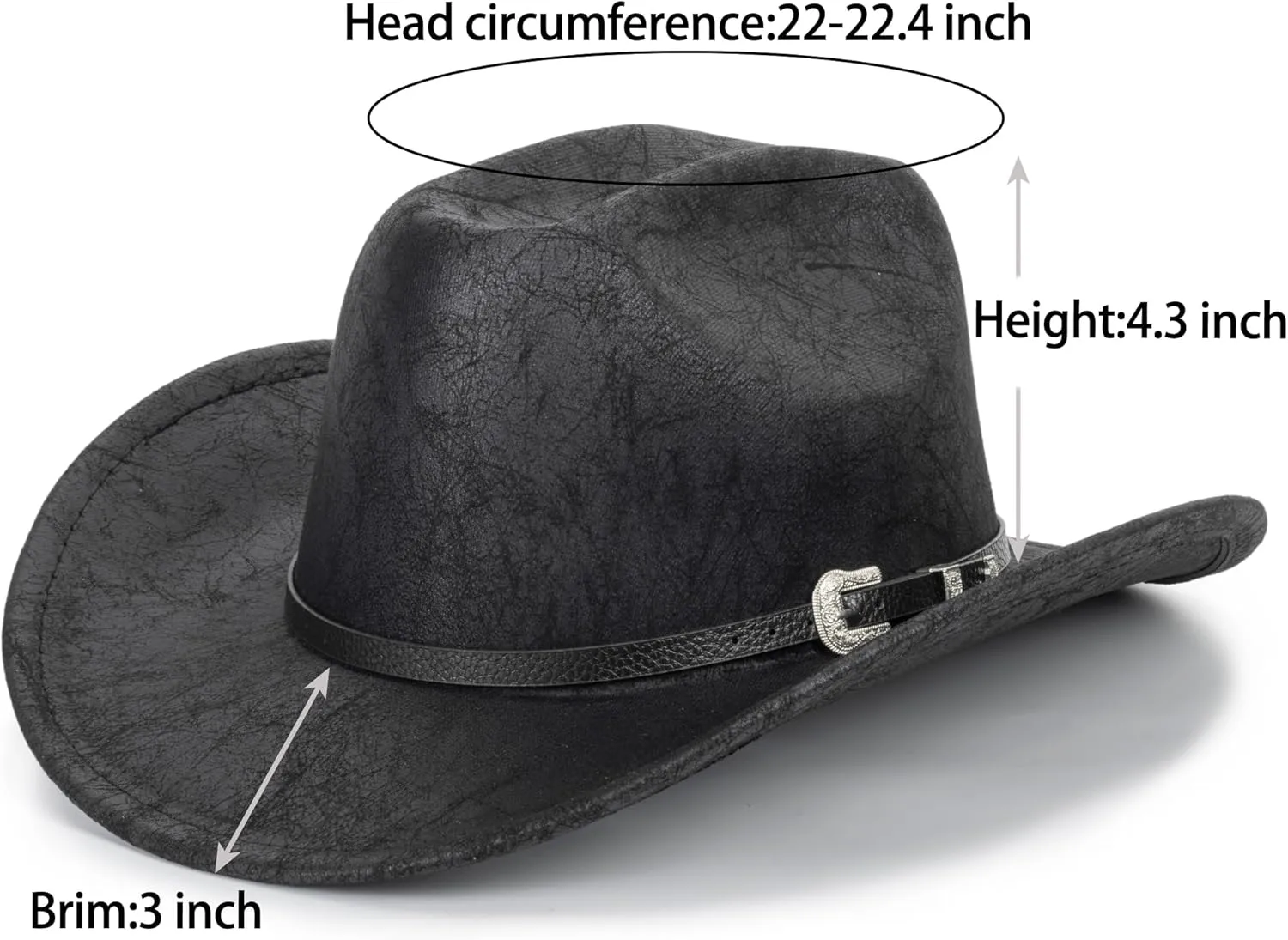 Women-Men Classic-Western Cowboy-Hat - Wide-Brim Pu Leather Cowgirl Cap Fedora Hats with Buckle Outback for Outdoor (22")