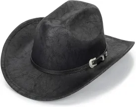Women-Men Classic-Western Cowboy-Hat - Wide-Brim Pu Leather Cowgirl Cap Fedora Hats with Buckle Outback for Outdoor (22")